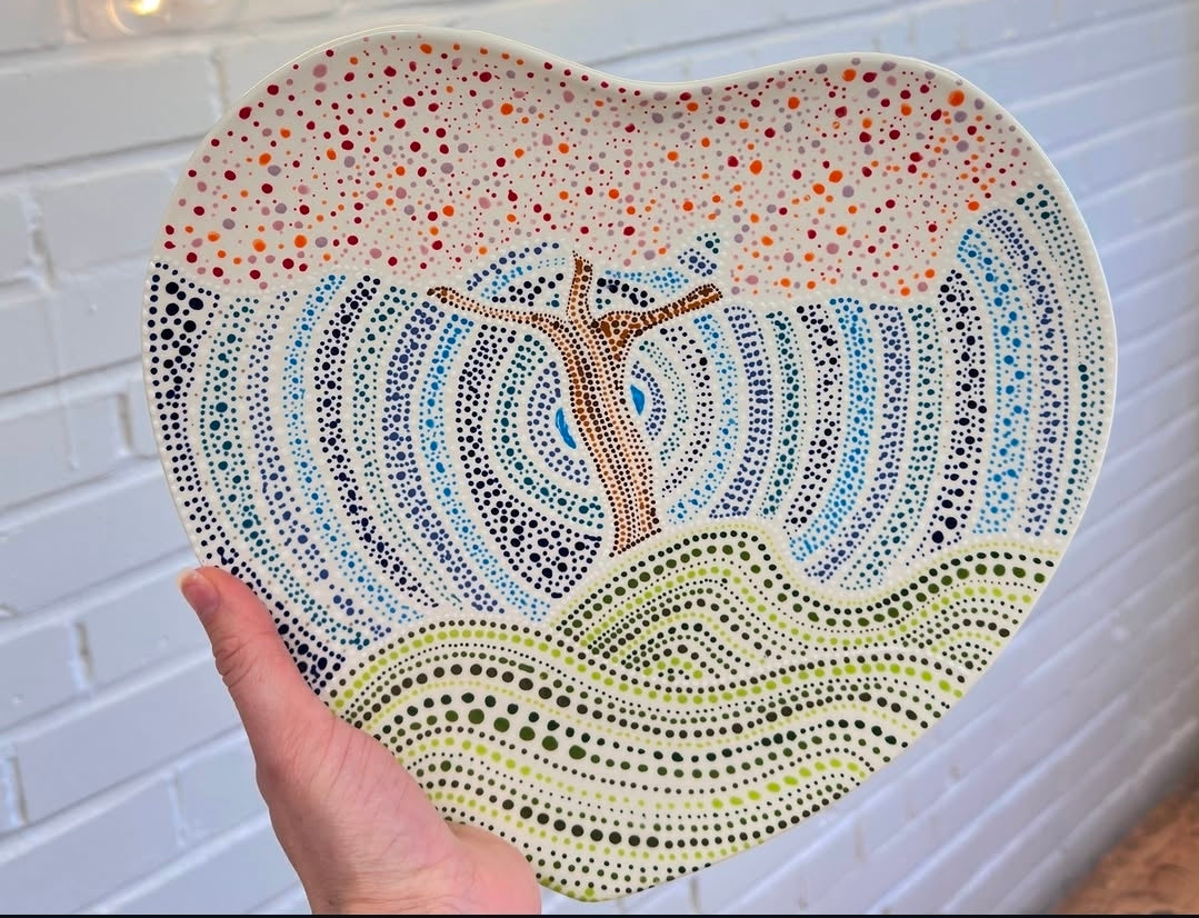 Hand Painted Heart Ceramic Plate – Dot Art Landscape